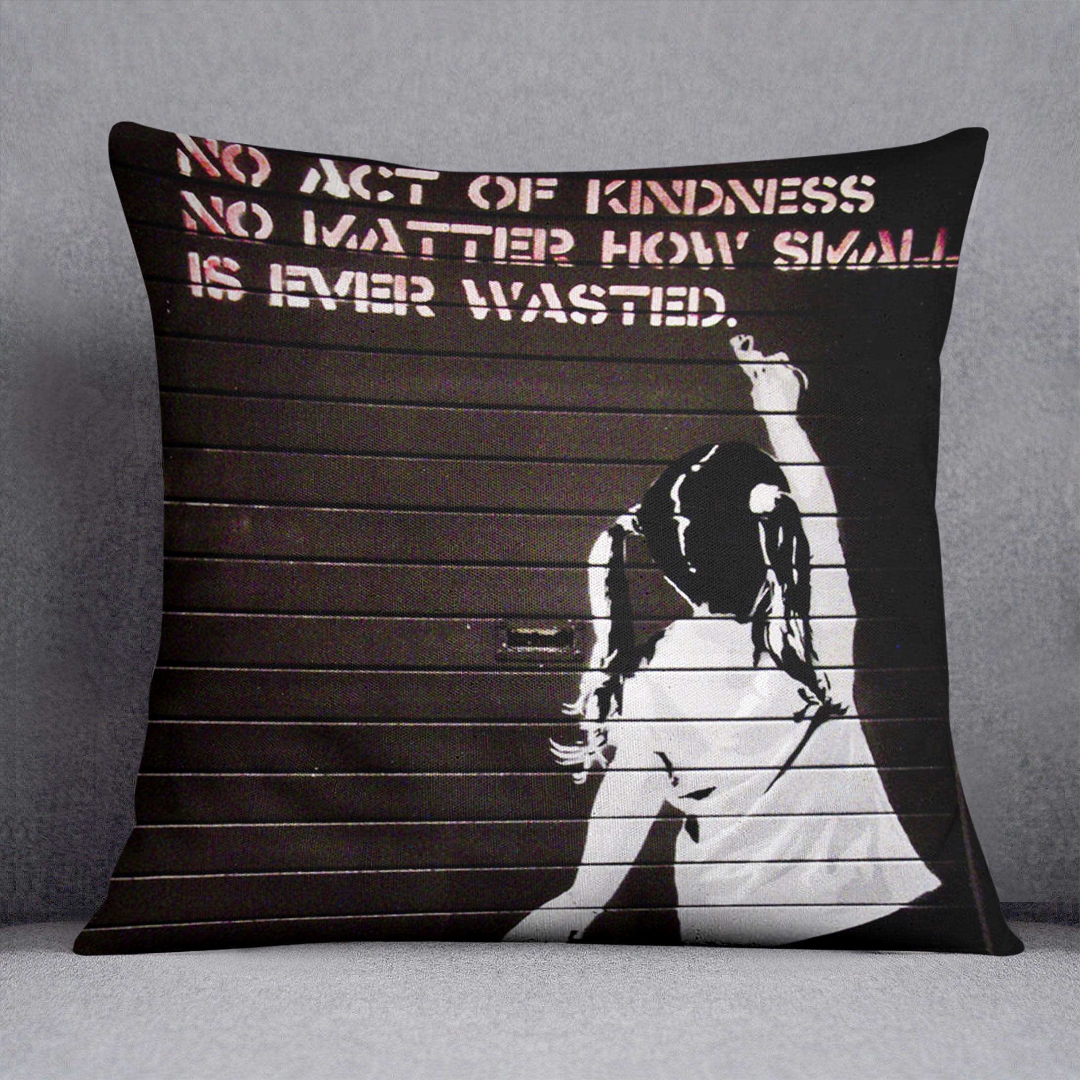 Banksy No Kindness Cushion featuring vibrant abstract design on luxurious vegan faux suede, perfect for home decor.