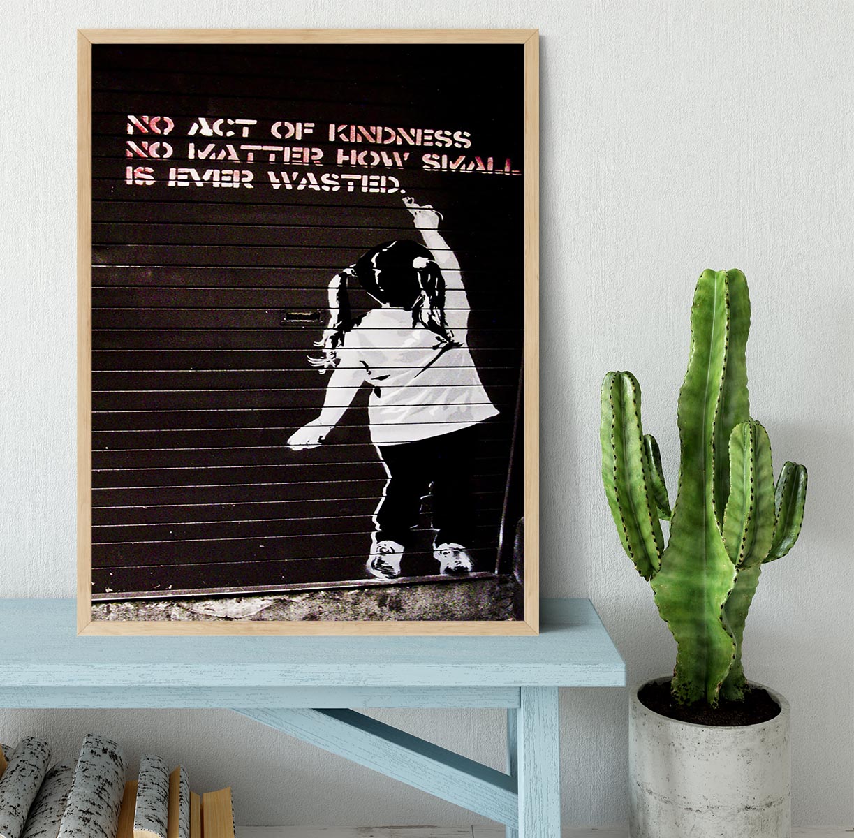 Banksy No Kindness Framed Print showcasing vibrant colors and intricate details in a stylish frame.