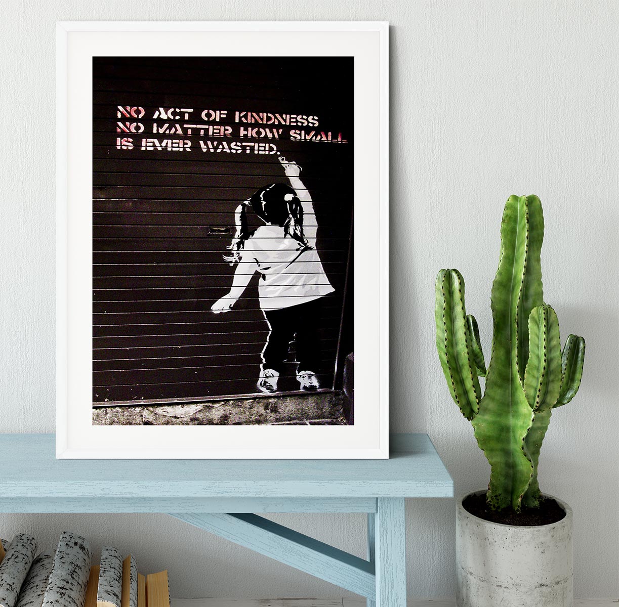 Banksy No Kindness Framed Print showcasing vibrant colors and intricate details in a stylish frame.