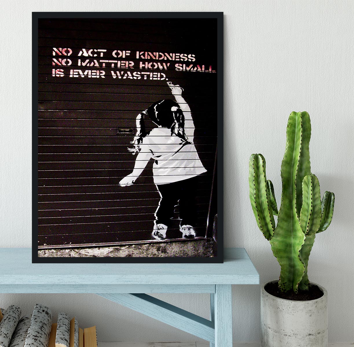 Banksy No Kindness Framed Print showcasing vibrant colors and intricate details in a stylish frame.
