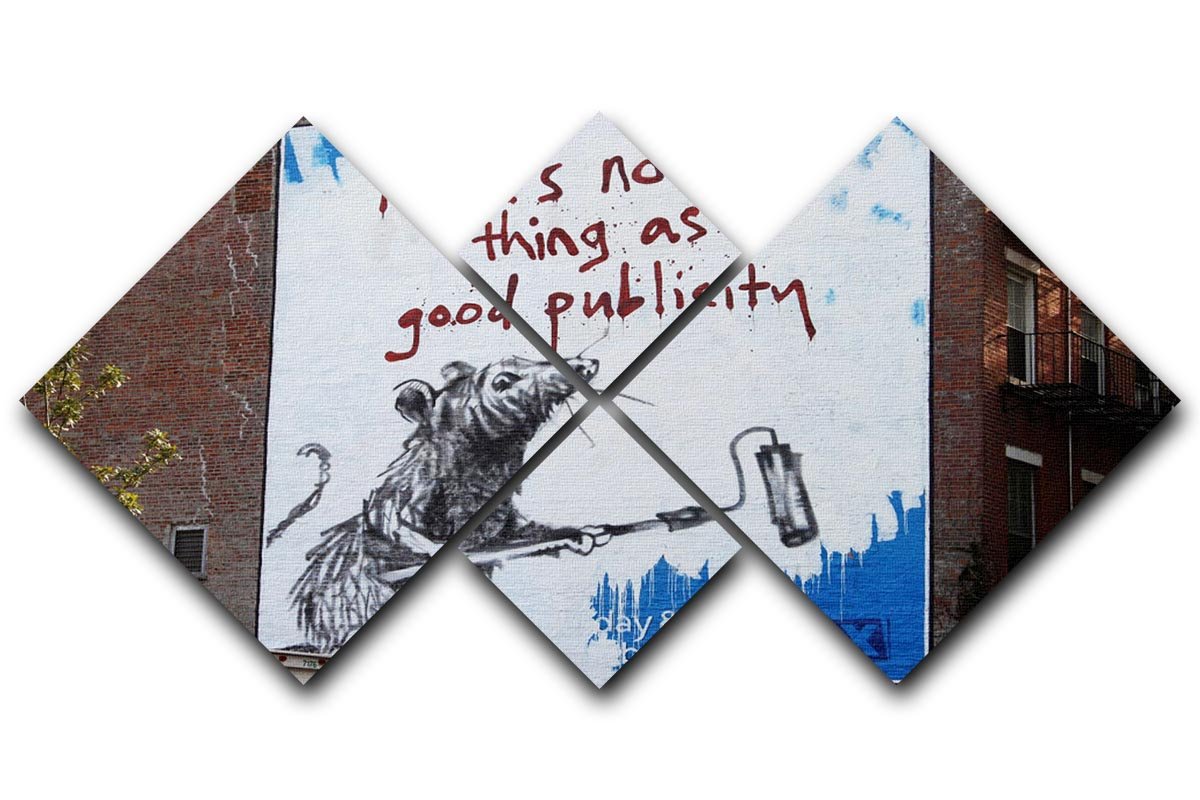 Banksy No Such Thing As Good Publicity 4 Square Multi Panel Canvas featuring four equal square sections of striking street art.