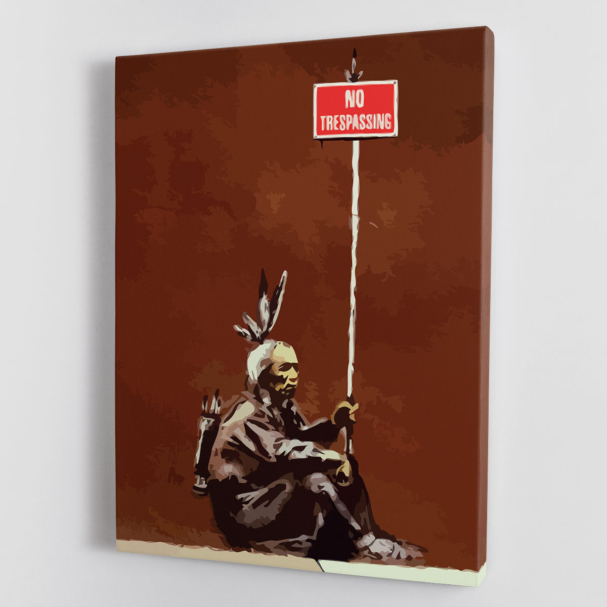 Banksy No Trespassing canvas print featuring iconic street art with bold colors and striking imagery.