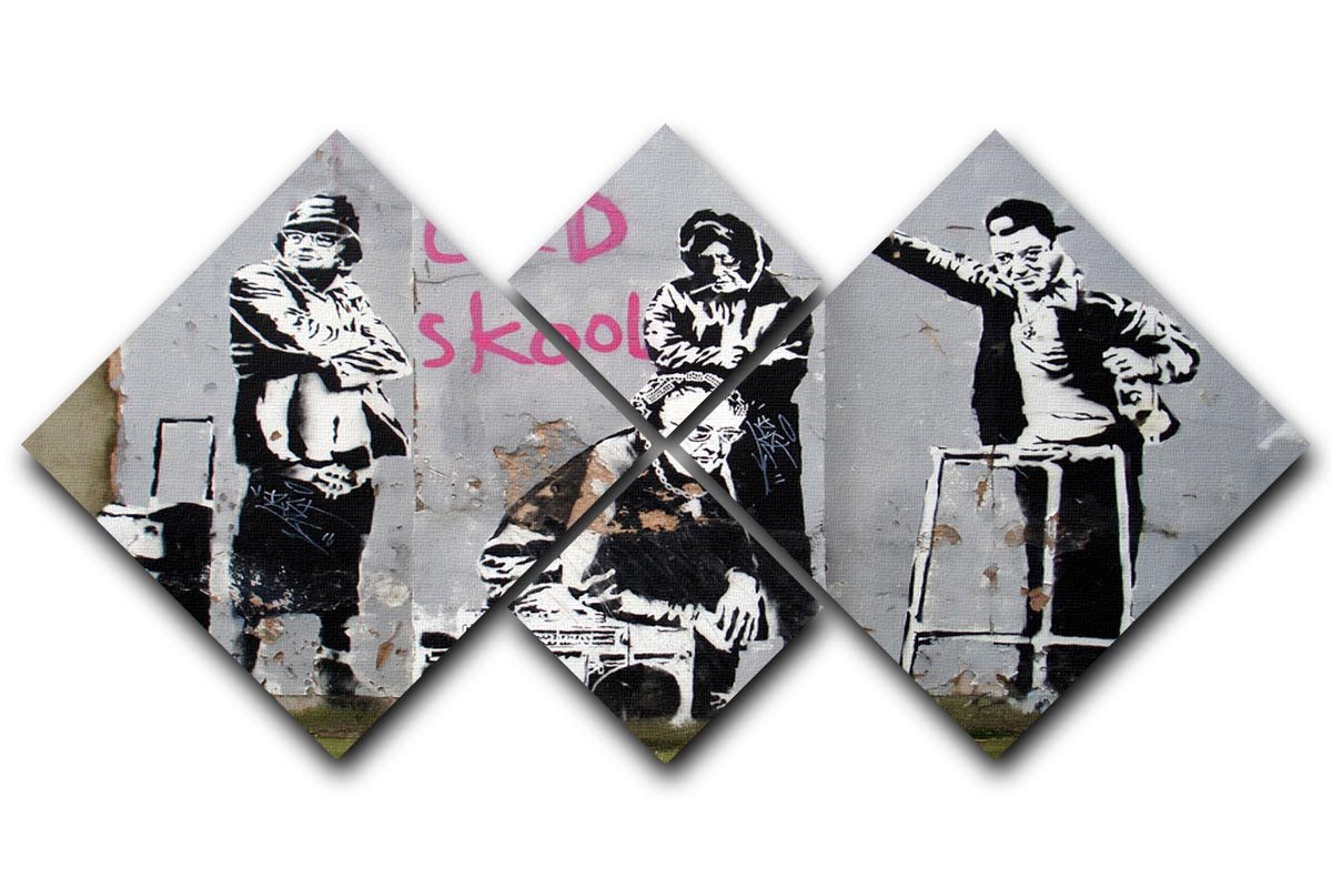 Banksy Old Skool 4 Square Multi Panel Canvas featuring four equal square sections with vibrant urban art design.