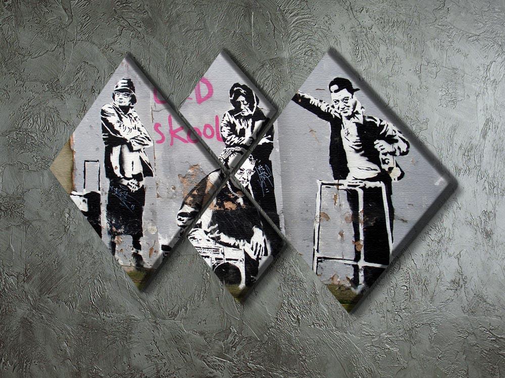 Banksy Old Skool 4 Square Multi Panel Canvas featuring four equal square sections with vibrant urban art design.