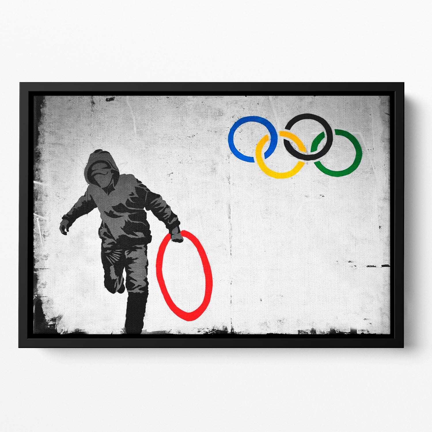 Banksy Olympic Rings Looter Floating Framed Canvas showcasing vibrant colors and unique design in an elegant floating frame.