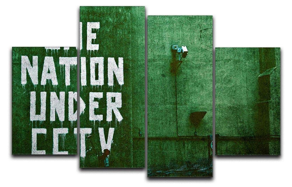 Banksy One Nation Under CCTV 4 Split Panel Canvas artwork featuring four panels with a cohesive design, showcasing urban themes.