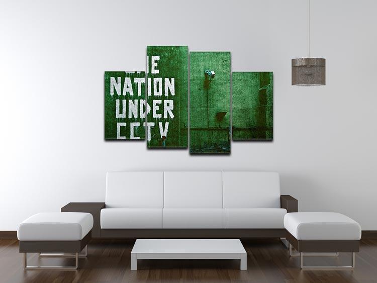 Banksy One Nation Under CCTV 4 Split Panel Canvas artwork featuring four panels with a cohesive design, showcasing urban themes.