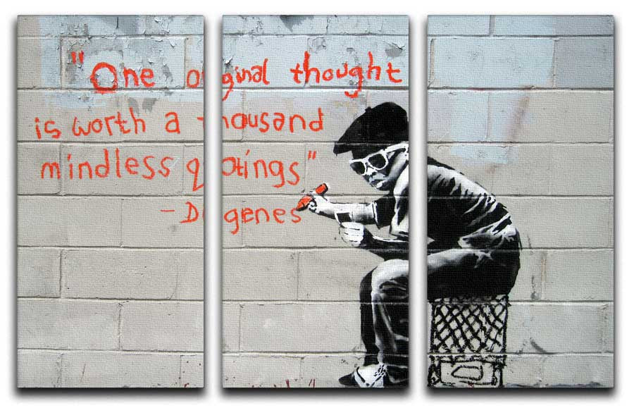 Banksy One Original Thought 3 Split Canvas Print featuring three panels of vibrant artwork, perfect for modern decor.