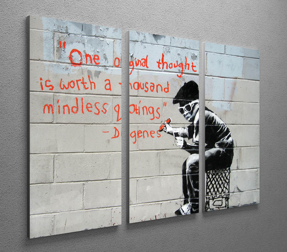 Banksy One Original Thought 3 Split Canvas Print featuring three panels of vibrant artwork, perfect for modern decor.