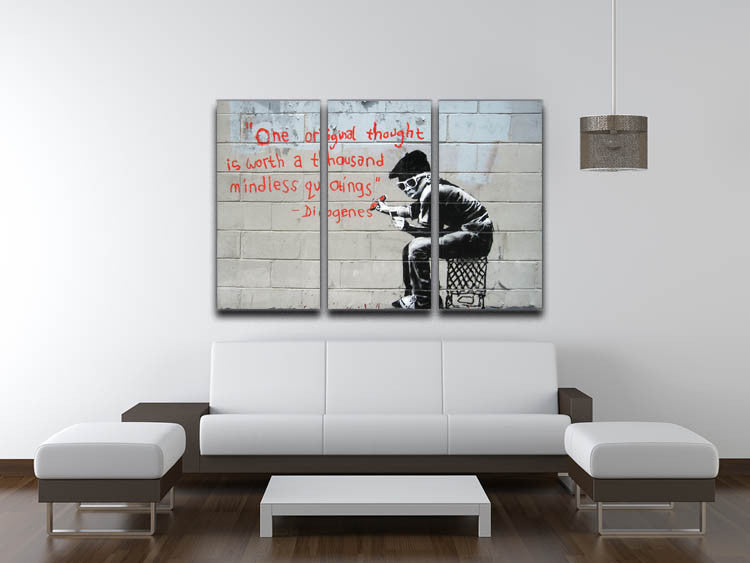 Banksy One Original Thought 3 Split Canvas Print featuring three panels of vibrant artwork, perfect for modern decor.