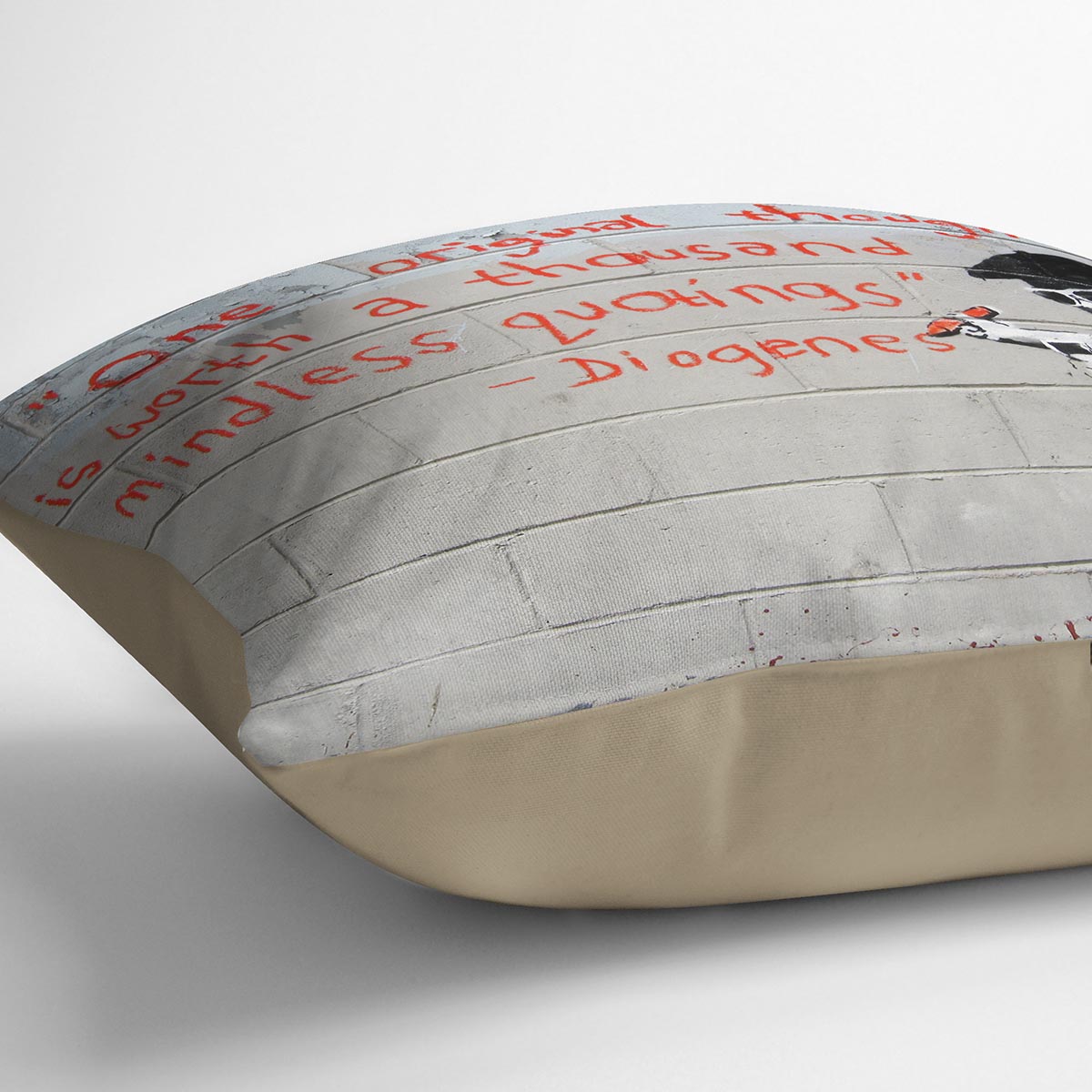 Banksy One Original Thought Cushion featuring vibrant abstract design on luxurious vegan faux suede, perfect for home decor.