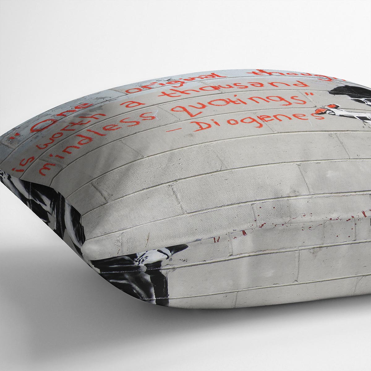 Banksy One Original Thought Cushion featuring vibrant abstract design on luxurious vegan faux suede, perfect for home decor.