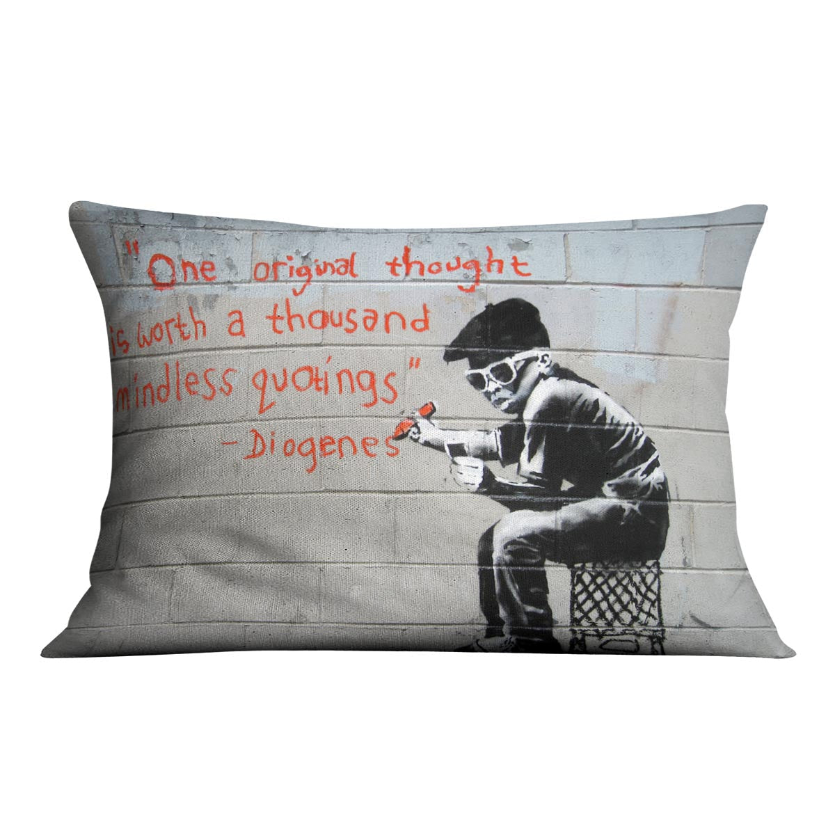 Banksy One Original Thought Cushion featuring vibrant abstract design on luxurious vegan faux suede, perfect for home decor.