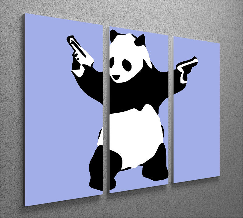 Banksy Panda Blue 3 Split Panel Canvas Print featuring a captivating panda design across three panels, perfect for modern decor.