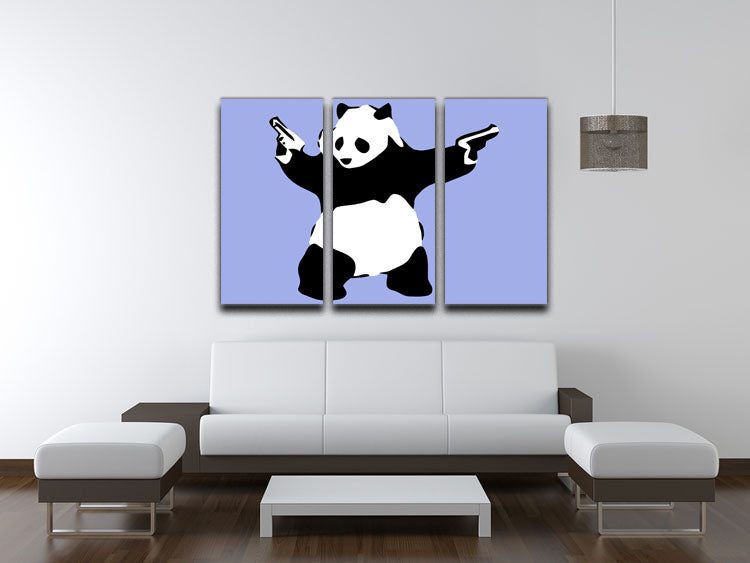 Banksy Panda Blue 3 Split Panel Canvas Print featuring a captivating panda design across three panels, perfect for modern decor.
