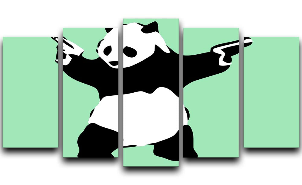 Banksy Panda Green 5 Split Panel Canvas artwork featuring a vibrant panda design across five panels.