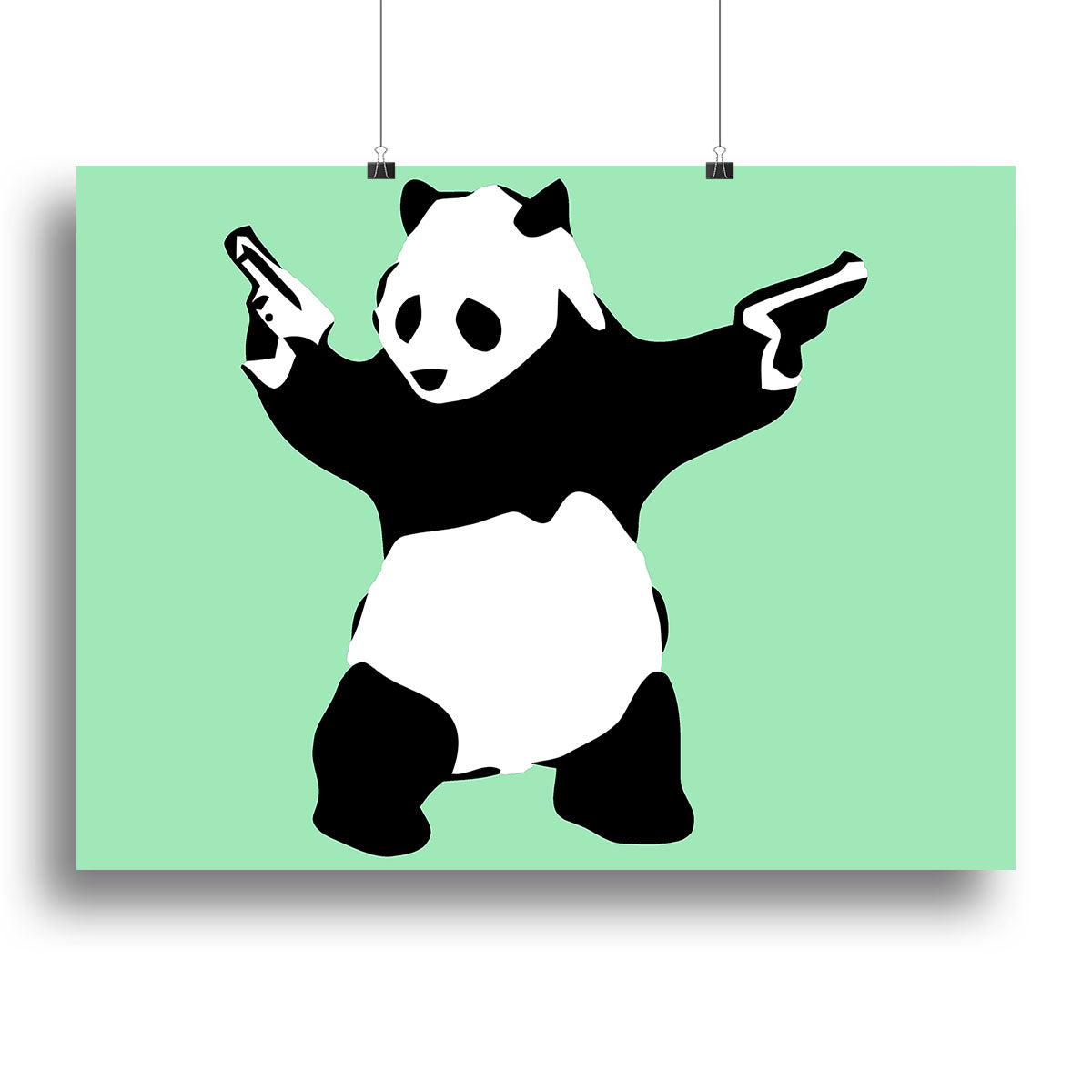 Banksy Panda Green Canvas Print featuring a playful panda on a vibrant green background, perfect for modern decor.