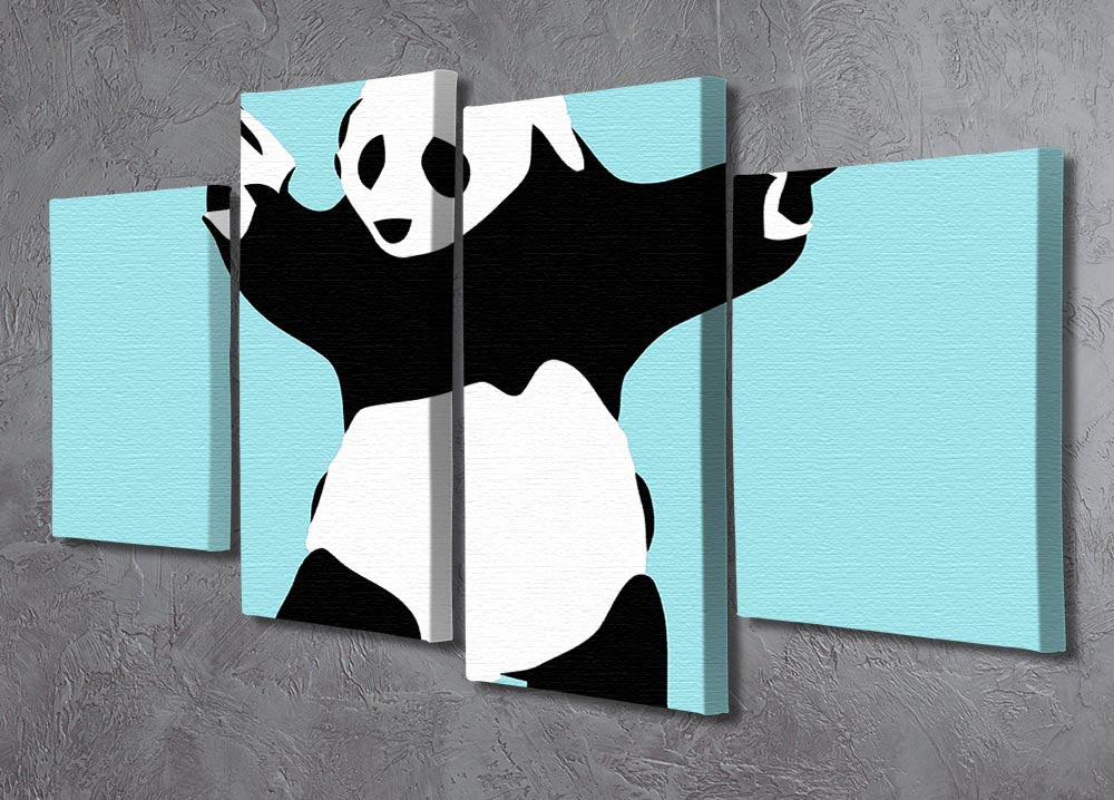 Banksy Panda Light Blue 4 Split Panel Canvas artwork featuring a playful panda design in light blue tones, divided into four equal panels.