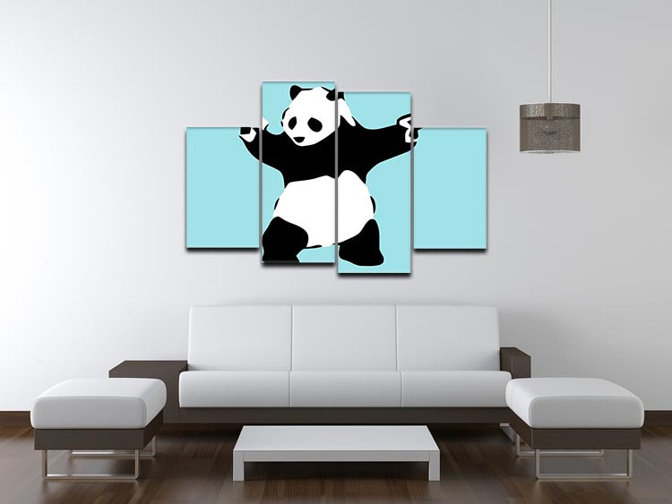 Banksy Panda Light Blue 4 Split Panel Canvas artwork featuring a playful panda design in light blue tones, divided into four equal panels.