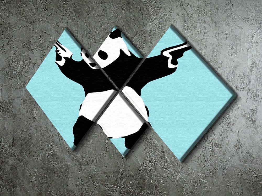 Banksy Panda Light Blue 4 Square Multi Panel Canvas featuring a playful panda design in soothing blue tones, arranged in four equal panels.
