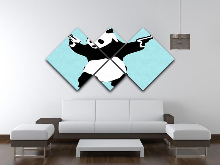 Banksy Panda Light Blue 4 Square Multi Panel Canvas featuring a playful panda design in soothing blue tones, arranged in four equal panels.