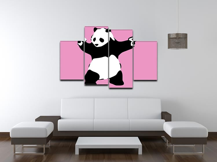 Banksy Panda Pink 4 Split Panel Canvas artwork featuring a panda in vibrant pink tones, divided into four equal sections for a dynamic display.