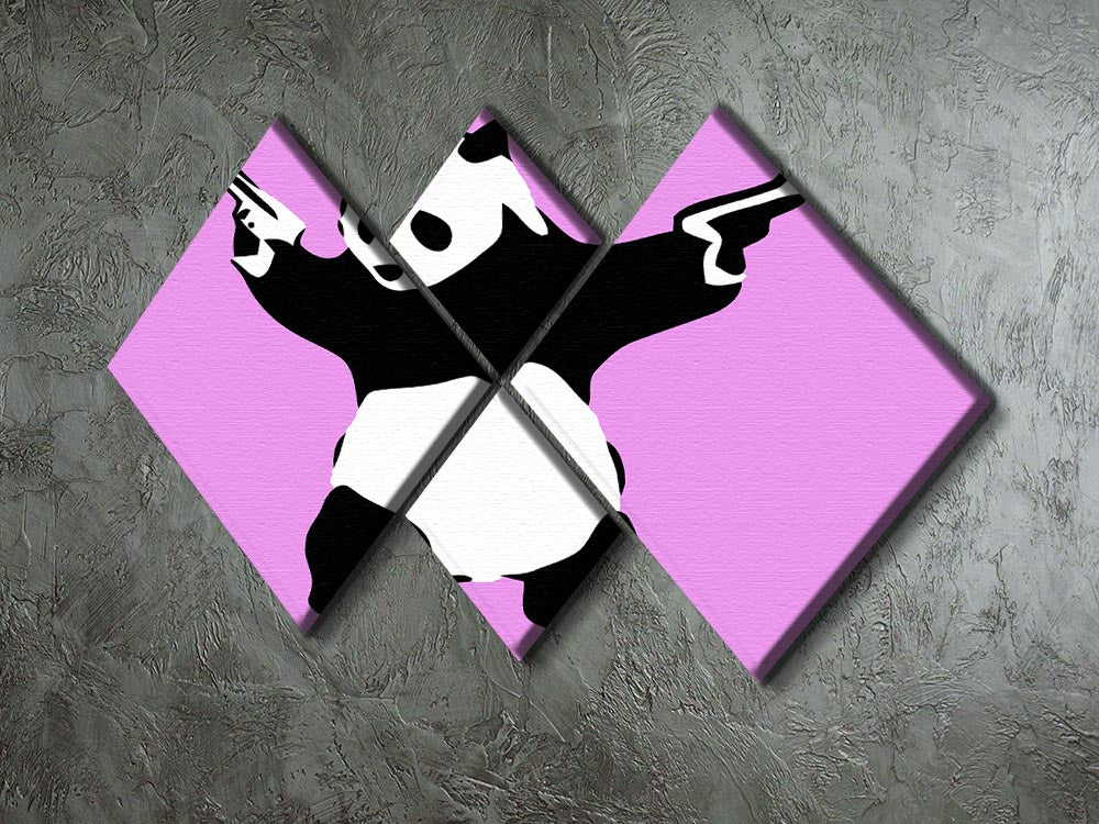 Banksy Panda Purple 4 Square Multi Panel Canvas featuring a playful panda design in vibrant purple hues, arranged in four equal square panels.