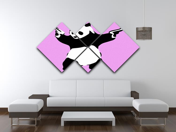 Banksy Panda Purple 4 Square Multi Panel Canvas featuring a playful panda design in vibrant purple hues, arranged in four equal square panels.