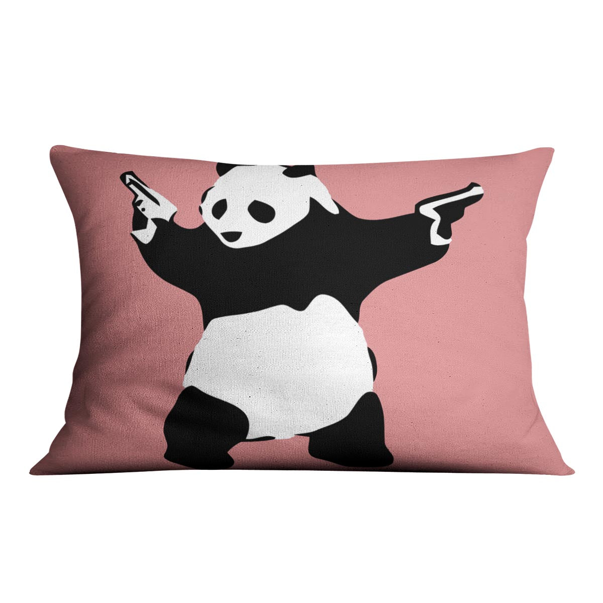 Banksy Panda Red Cushion featuring vibrant colors and abstract design on luxurious vegan faux suede.