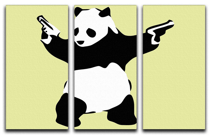 Banksy Panda Yellow 3 Split Panel Canvas Print featuring vibrant panda artwork on three separate canvases.