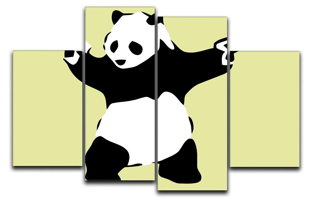 Banksy Panda Yellow 4 Split Panel Canvas artwork featuring a vibrant panda design divided into four panels.