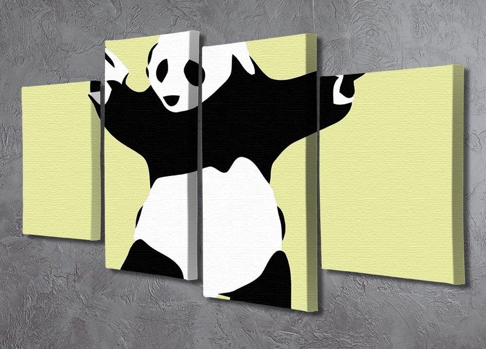 Banksy Panda Yellow 4 Split Panel Canvas artwork featuring a vibrant panda design divided into four panels.