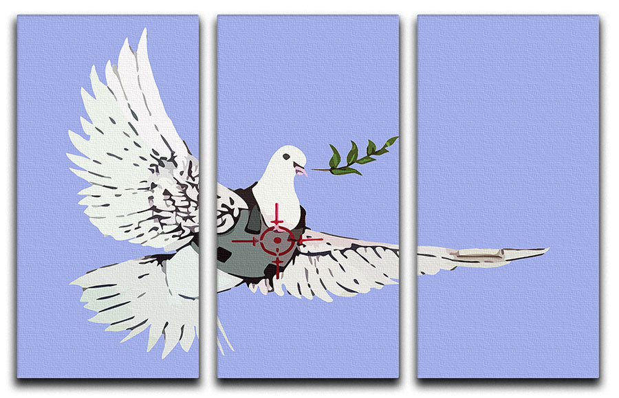 Banksy Peace Dove Blue 3 Split Panel Canvas Print featuring a serene dove design across three panels, perfect for modern decor.