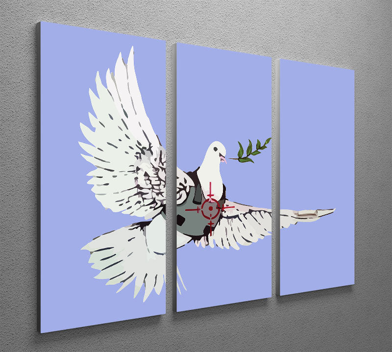 Banksy Peace Dove Blue 3 Split Panel Canvas Print featuring a serene dove design across three panels, perfect for modern decor.