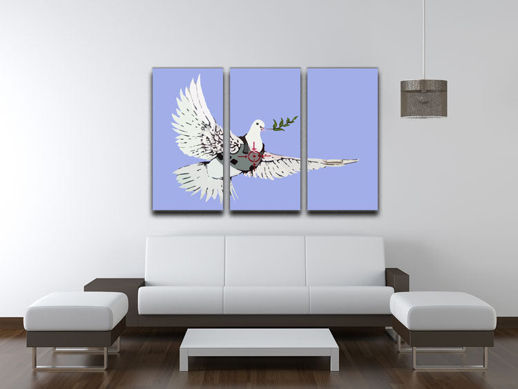 Banksy Peace Dove Blue 3 Split Panel Canvas Print featuring a serene dove design across three panels, perfect for modern decor.