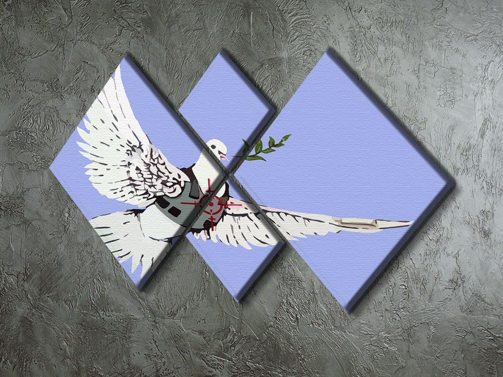 Banksy Peace Dove Blue 4 Square Multi Panel Canvas artwork featuring a dove in vibrant blue, divided into four equal panels.