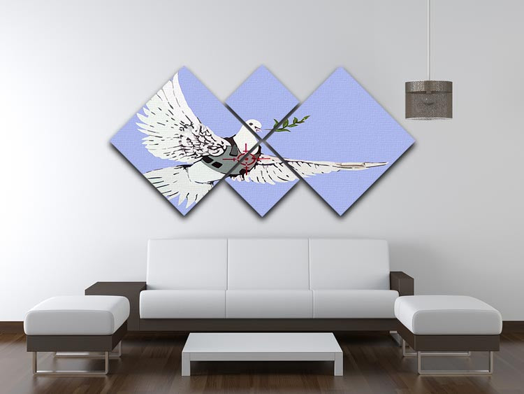 Banksy Peace Dove Blue 4 Square Multi Panel Canvas artwork featuring a dove in vibrant blue, divided into four equal panels.