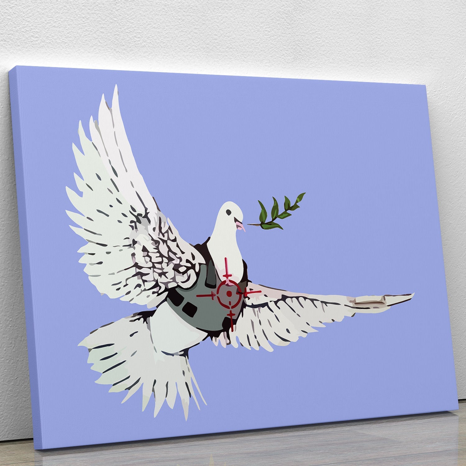 Banksy Peace Dove Blue Canvas Print showcasing a dove symbolizing peace in vibrant blue tones, perfect for modern decor.