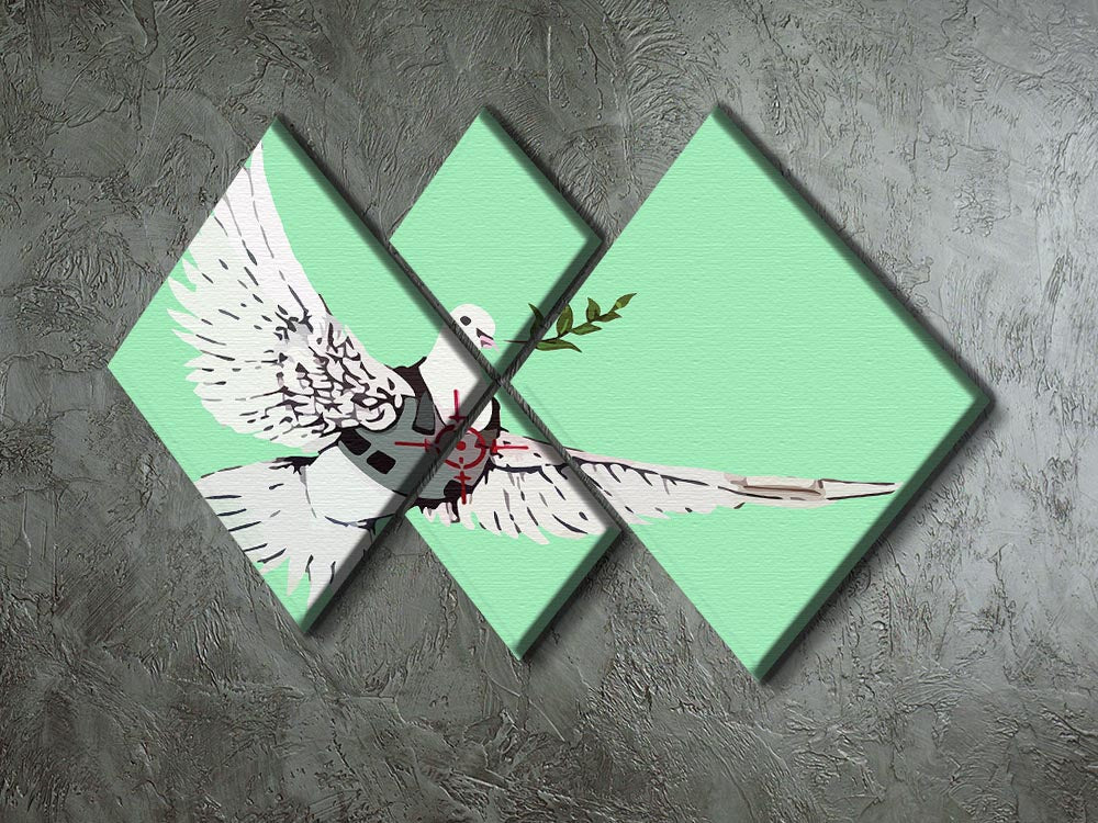 Banksy Peace Dove Green 4 Square Multi Panel Canvas artwork featuring a dove symbolizing peace in vibrant green hues.