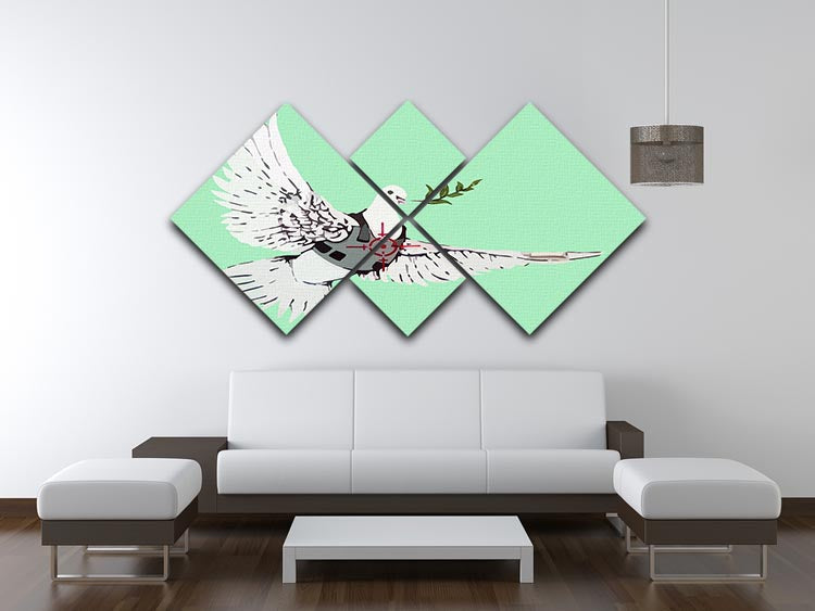 Banksy Peace Dove Green 4 Square Multi Panel Canvas artwork featuring a dove symbolizing peace in vibrant green hues.