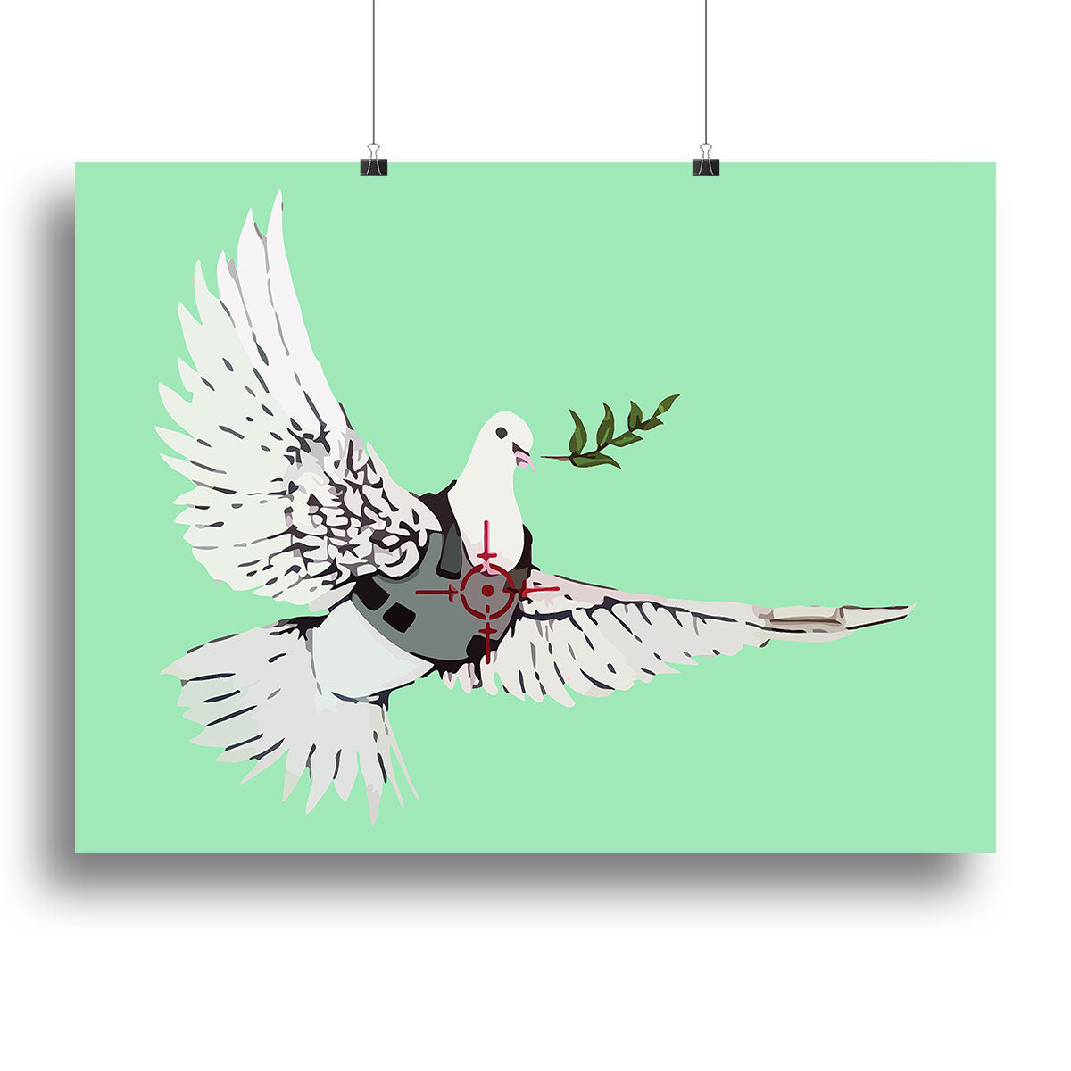 Banksy Peace Dove Green Canvas Print featuring a dove symbolizing peace in vibrant green colors, ideal for modern decor.