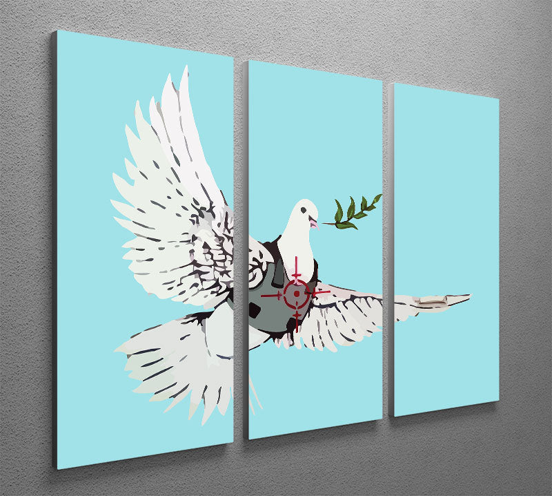 Banksy Peace Dove Light Blue 3 Split Panel Canvas Print featuring three panels with a dove design, perfect for modern decor.