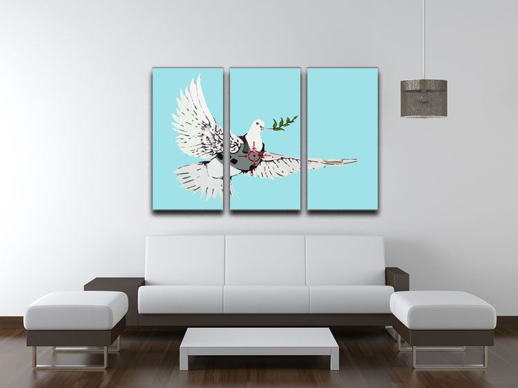 Banksy Peace Dove Light Blue 3 Split Panel Canvas Print featuring three panels with a dove design, perfect for modern decor.