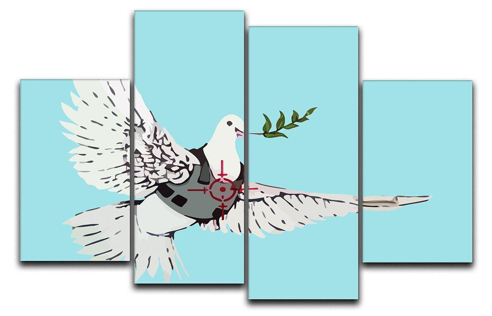 Banksy Peace Dove Light Blue 4 Split Panel Canvas artwork featuring a dove in a serene light blue color, divided into four panels.
