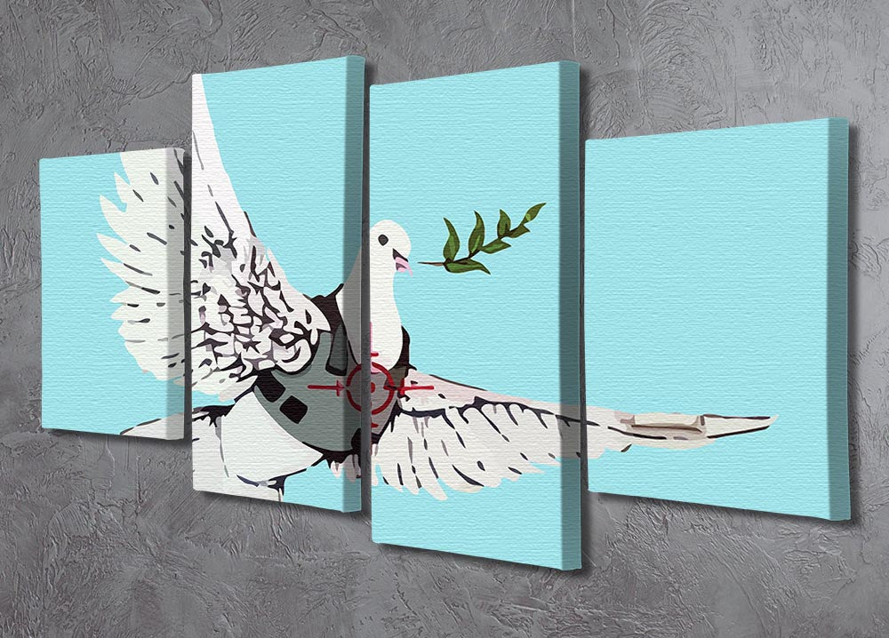 Banksy Peace Dove Light Blue 4 Split Panel Canvas artwork featuring a dove in a serene light blue color, divided into four panels.