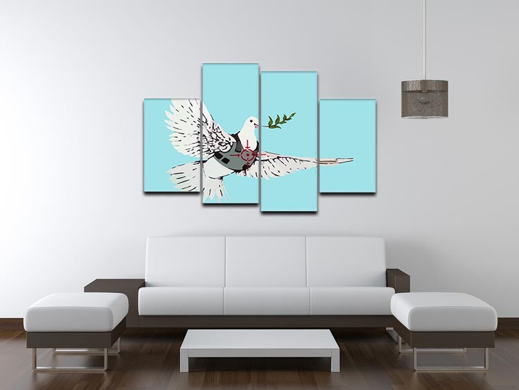 Banksy Peace Dove Light Blue 4 Split Panel Canvas artwork featuring a dove in a serene light blue color, divided into four panels.