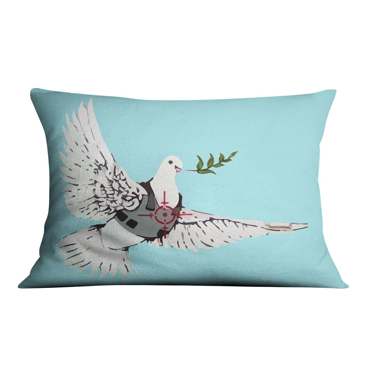 Light blue cushion featuring Banksy peace dove design, made from luxurious vegan faux suede, showcasing vibrant colors and handmade craftsmanship.