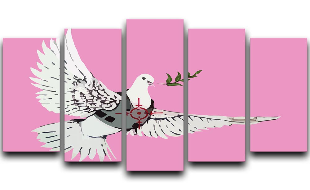 Banksy Peace Dove Pink 5 Split Panel Canvas artwork featuring a dove in vibrant pink hues, divided into five panels for a dynamic display.