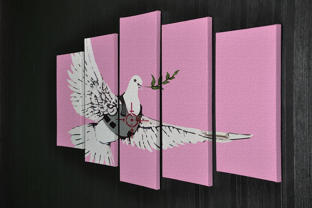 Banksy Peace Dove Pink 5 Split Panel Canvas artwork featuring a dove in vibrant pink hues, divided into five panels for a dynamic display.