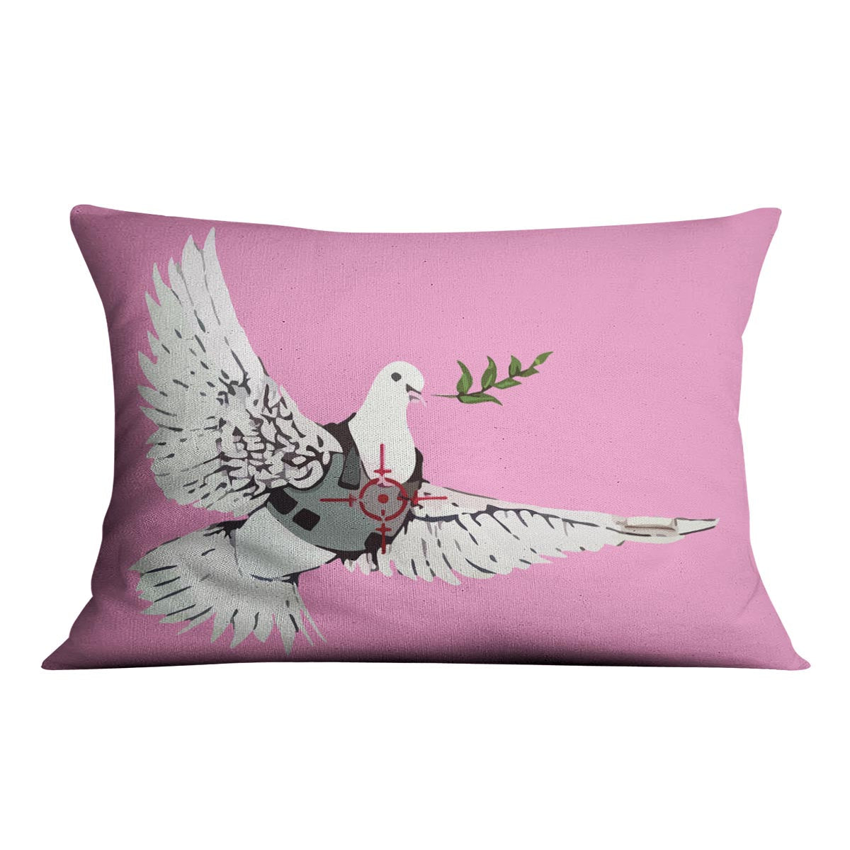 Banksy Peace Dove Pink Cushion featuring vibrant pink color and abstract design on luxurious vegan faux suede.